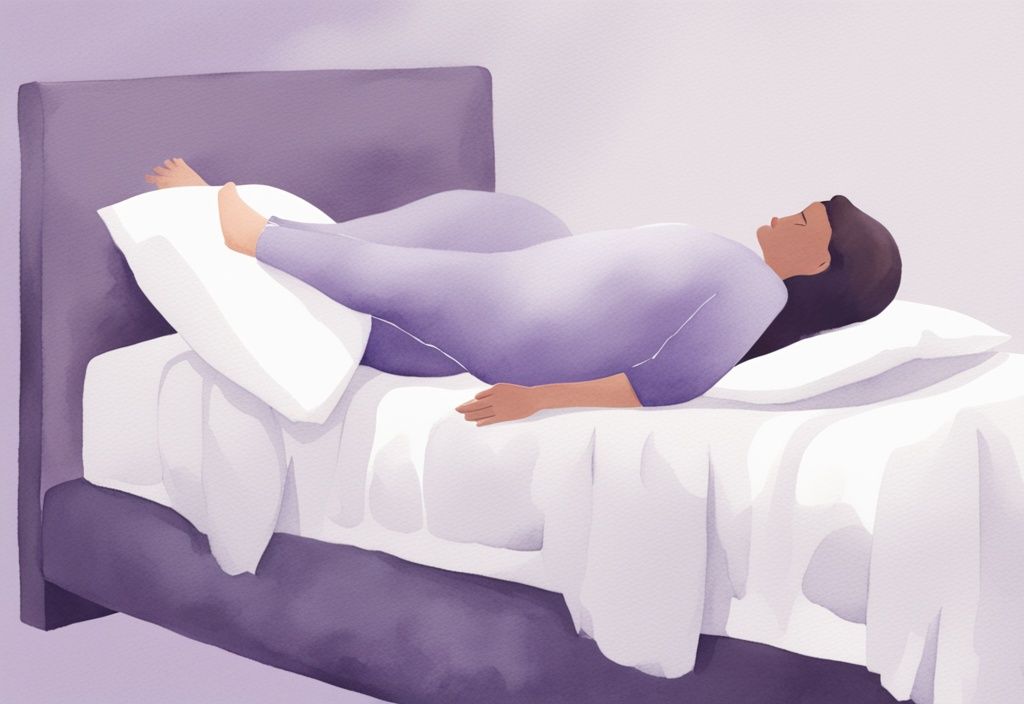 Illustrazione minimalista ad acquerello di una persona che dorme con un cuscino tra le gambe, postura corretta per alleviare lo stress da nervo sciatico infiammato come dormire.