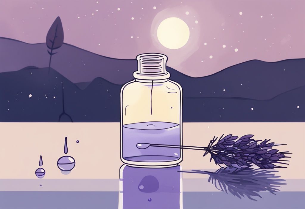 Illustrazione minimalista ad acquerello con contagocce di olio CBD che rilascia gocce in un bicchiere d'acqua sotto una notte di luna piena per significare sonno, quante gocce di cbd per dormire.