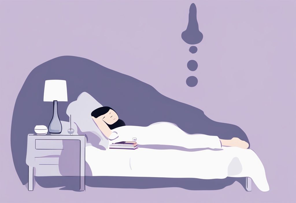 Illustrazione minimalista ad acquerello con tema lavanda, persona che dorme pacificamente con una bottiglia di Trittico e un contagocce sul comodino.