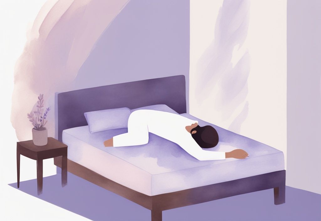 Illustrazione minimalista ad acquerello di una persona che dorme su un letto con cuscini per sollevare la parte superiore del corpo, mostrando come dormire con il reflusso.