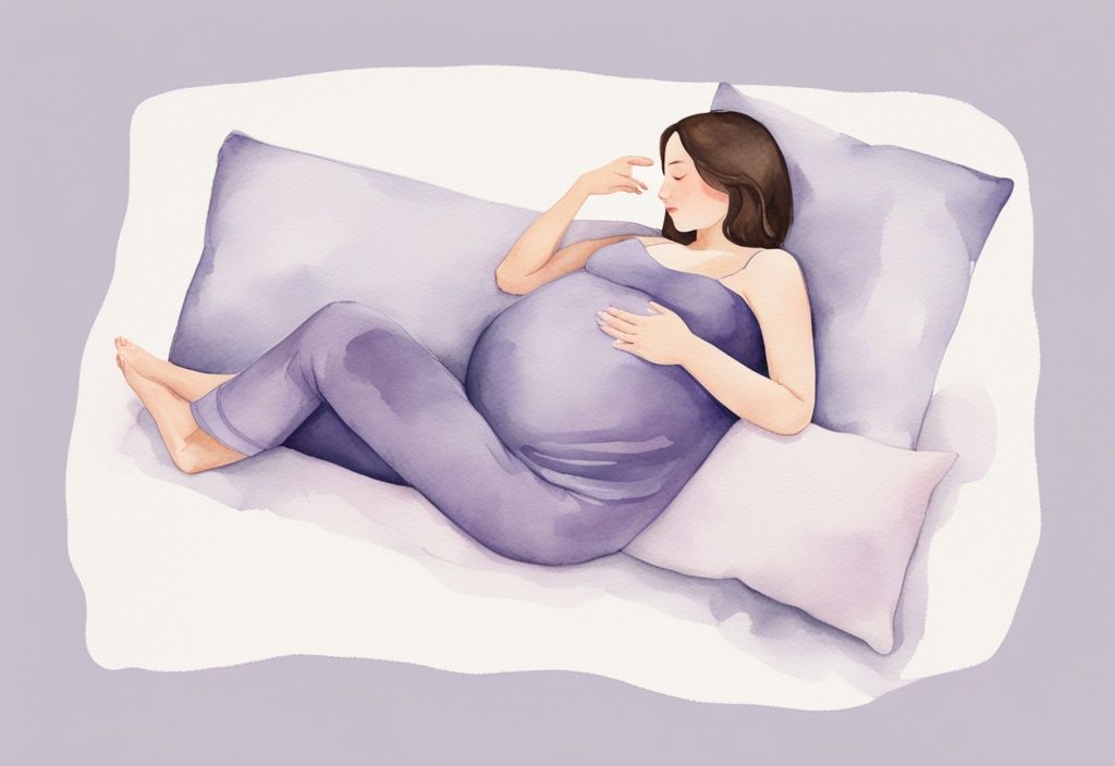 Illustrazione minimalista ad acquerello di una donna incinta che dorme sul lato sinistro con un cuscino di supporto, evidenziando una posizione comoda per chi ha una placenta anteriore come dormire.