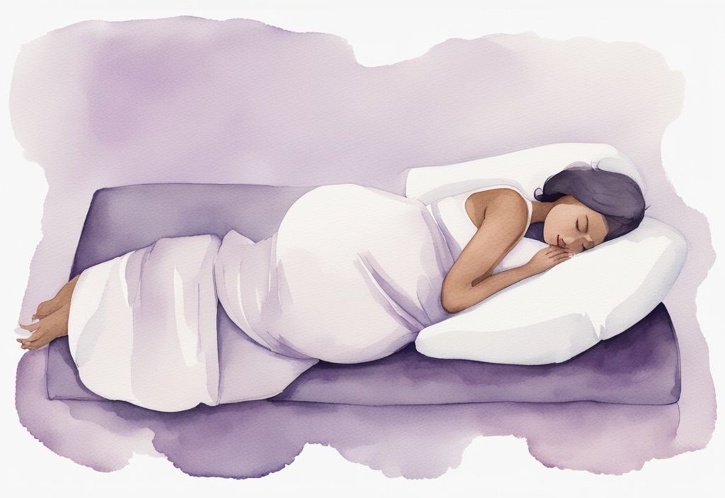 Illustrazione minimalista ad acquerello di una donna incinta che dorme su un letto con il suo pancione comodamente appoggiato su un cuscino per allattamento, come usare cuscino allattamento per dormire.