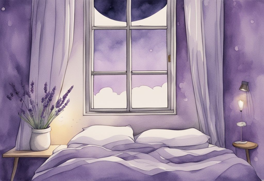 Illustrazione acquerello minimalista di una camera da letto serena di notte, con luce lunare che filtra attraverso una finestra e illumina una persona con occhi chiusi sdraiata comodamente su un letto, tema colore lavanda.