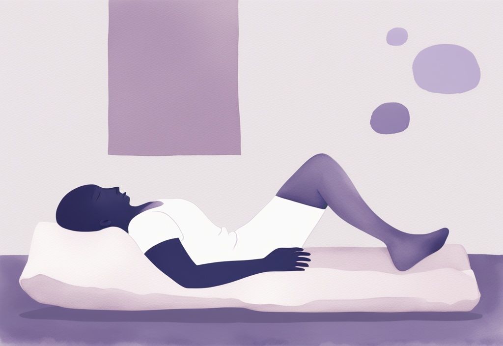 Illustrazione minimalista ad acquerello di una persona che dorme su un fianco con un cuscino tra le ginocchia e un cuscino morbido sotto il collo, posizione ottimale per la condizione di iperlordosi lombare, tema colore lavanda.