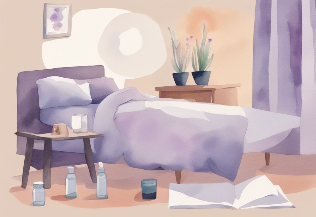 Illustrazione minimalista ad acquerello con tema lavanda, persona a letto con cuscini rialzati, umidificatore sullo sfondo, bicchiere d'acqua e medicina per la tosse sul comodino.