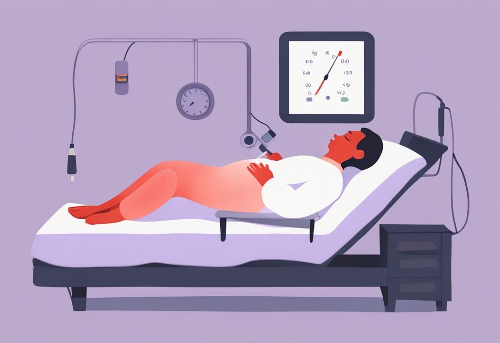 Illustrazione minimalista ad acquerello di una persona a letto con un holter pressorio come dormire, registrando la pressione sanguigna durante il sonno.