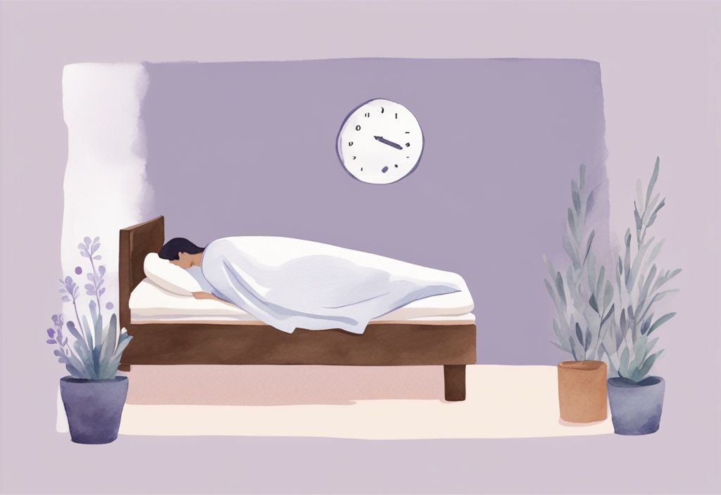 Illustrazione minimalista ad acquerello di una persona che dorme comodamente su un fianco con cuscini specifici per supporto e sollievo dal dolore da borsite trocanterica come dormire.