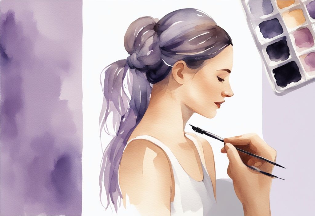 Illustrazione minimalista ad acquerello di una donna con capelli lunghi che mostra il processo passo dopo passo per legare i capelli in uno chignon sciolto o in un foulard di seta prima di dormire, tema colore lavanda.