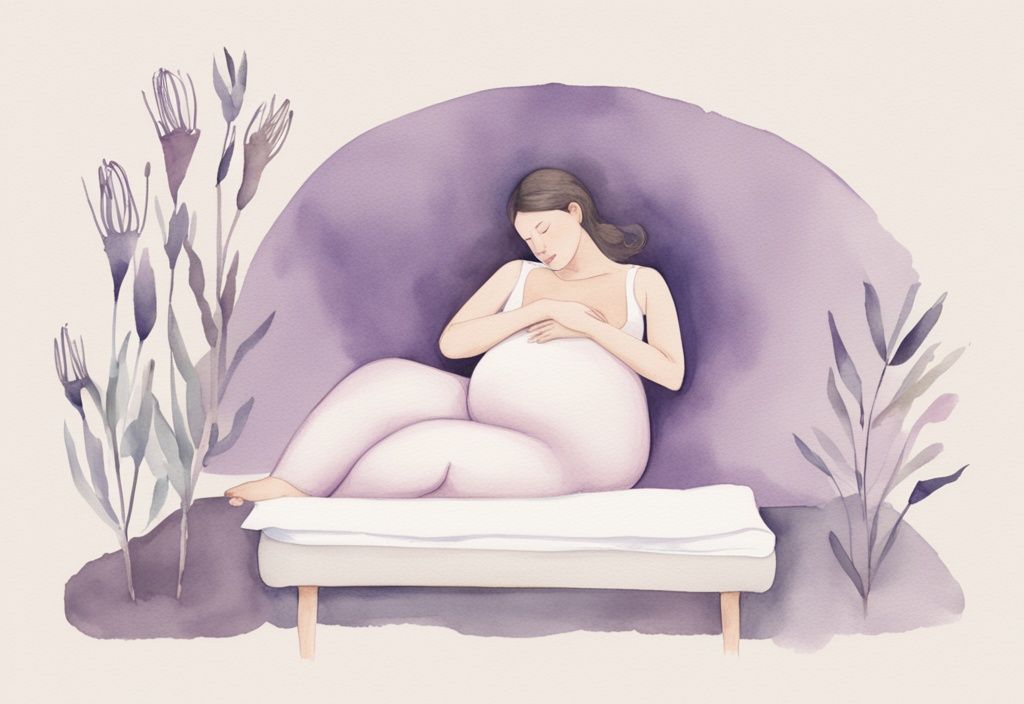 Illustrazione minimalista ad acquerello di una donna incinta che dorme con cuscini di supporto, con sovrapposizione di utero e distacco amniocoriale, tema colore lavanda