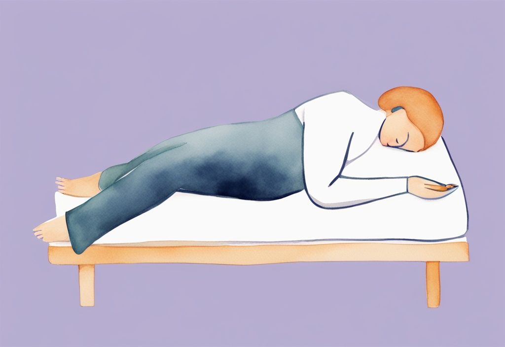 Illustrazione minimalista ad acquerello di una persona che dorme su un fianco con un cuscino tra le ginocchia, posizione ottimale per alleviare l'infiammazione del piriforme, tema colore lavanda.