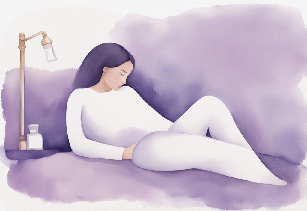 Illustrazione minimalista ad acquerello di una persona che dorme sul fianco sinistro per evitare il reflusso, con tema principale color lavanda.