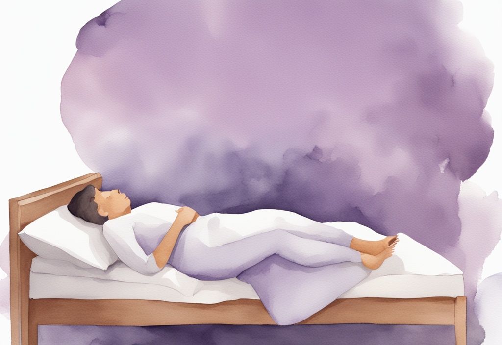 Illustrazione minimalista ad acquerello di una persona che dorme su un letto con cuscini per alleviare i sintomi del reflusso, tema colore lavanda.