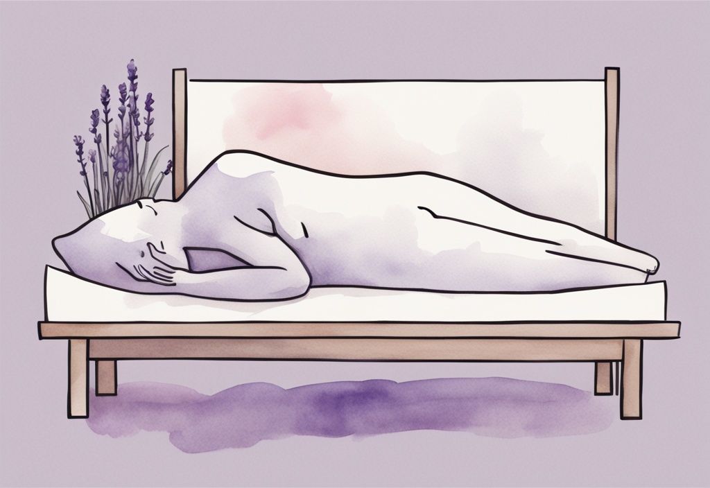 Illustrazione minimalista ad acquerello in tema lavanda che mostra una persona con sacroileite dormire comodamente su un fianco con cuscini strategici per alleviare il dolore.