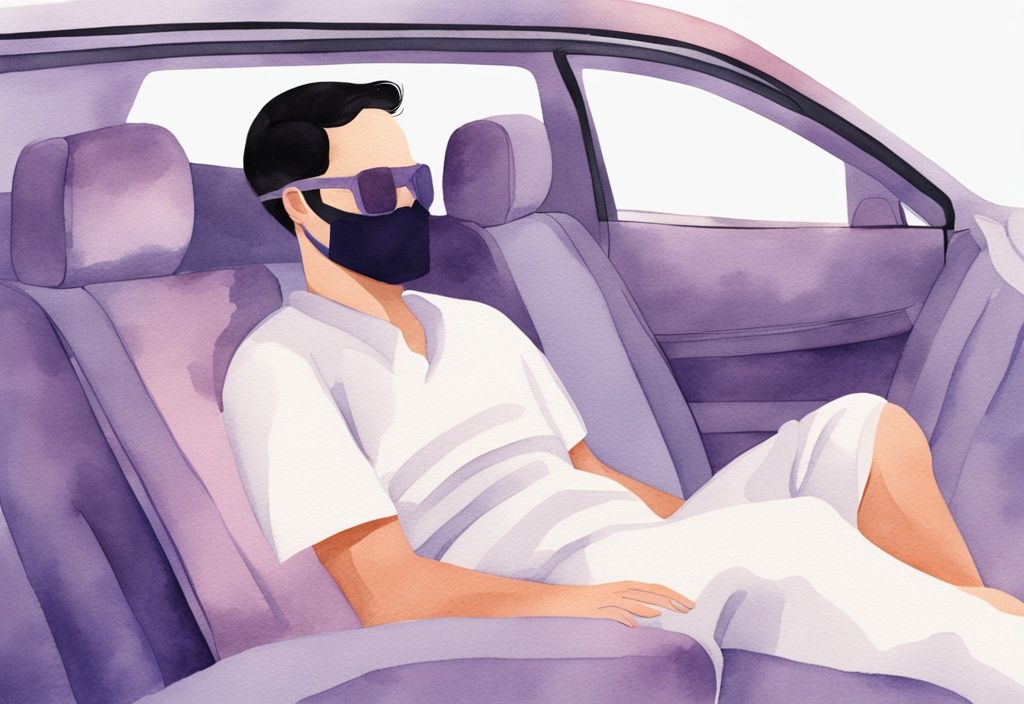 Illustrazione minimalista ad acquerello di un uomo che si rilassa nel sedile posteriore di un'auto, con cuscino, coperta leggera e maschera per dormire, tema colore lavanda.