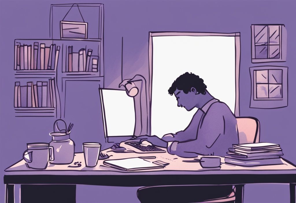 Illustrazione minimalista ad acquerello di un individuo alla scrivania di notte circondato da tazze di caffè, libri e un laptop acceso, tema colore lavanda.