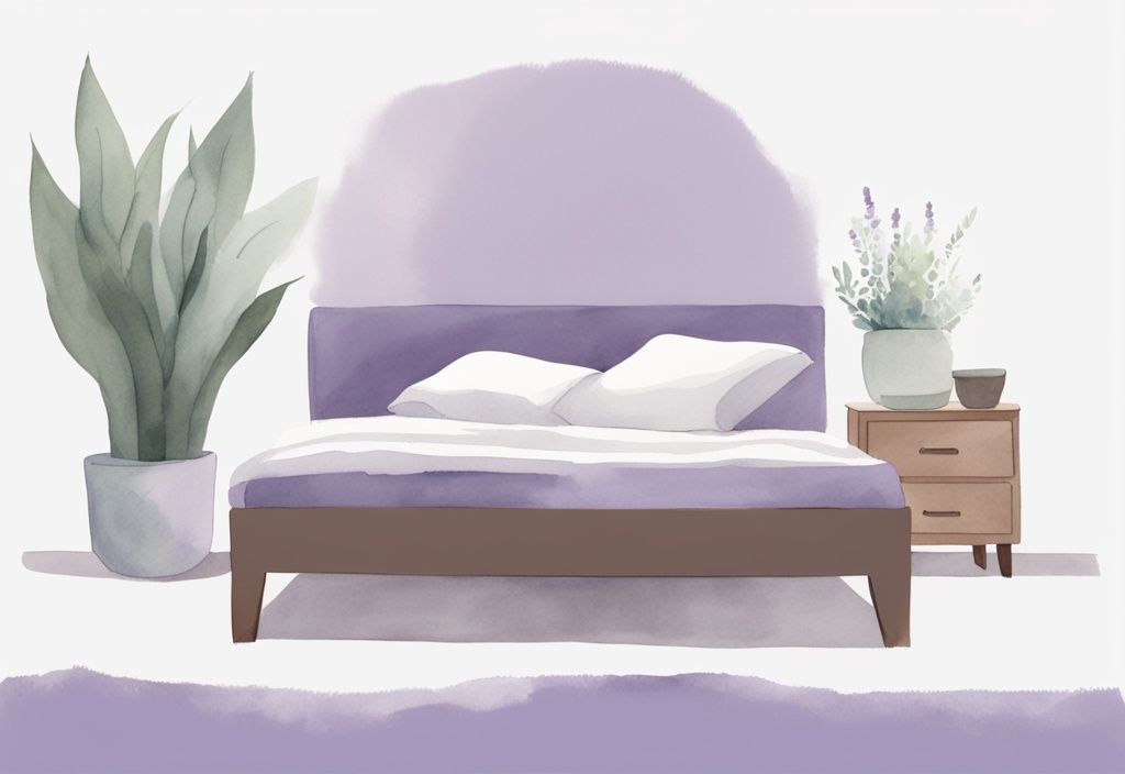 Illustrazione minimalista ad acquerello di una camera da letto serena con tema principale color lavanda, persona che dorme tranquillamente in un letto comodo, temperatura della stanza oscurata e piccola pianta su un comodino che simboleggia un ambiente pulito ed equilibrato.