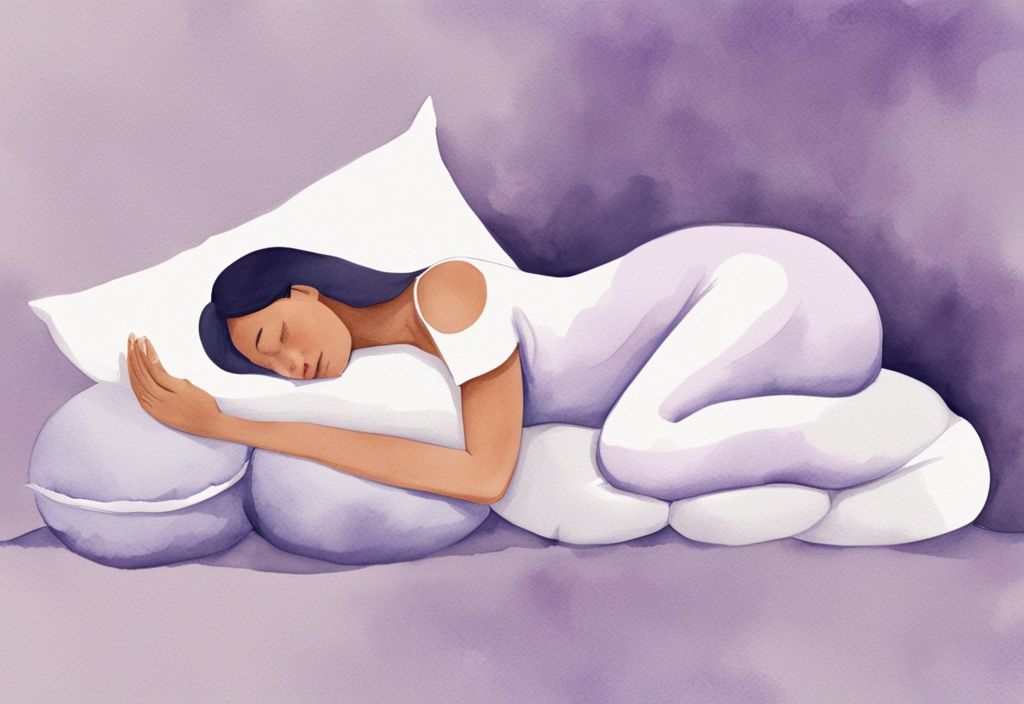 Illustrazione minimalista ad acquerello di una donna incinta che dorme comodamente su un fianco con cuscini di supporto attorno a pancia e gambe, tema colore lavanda, come dormire in gravidanza.