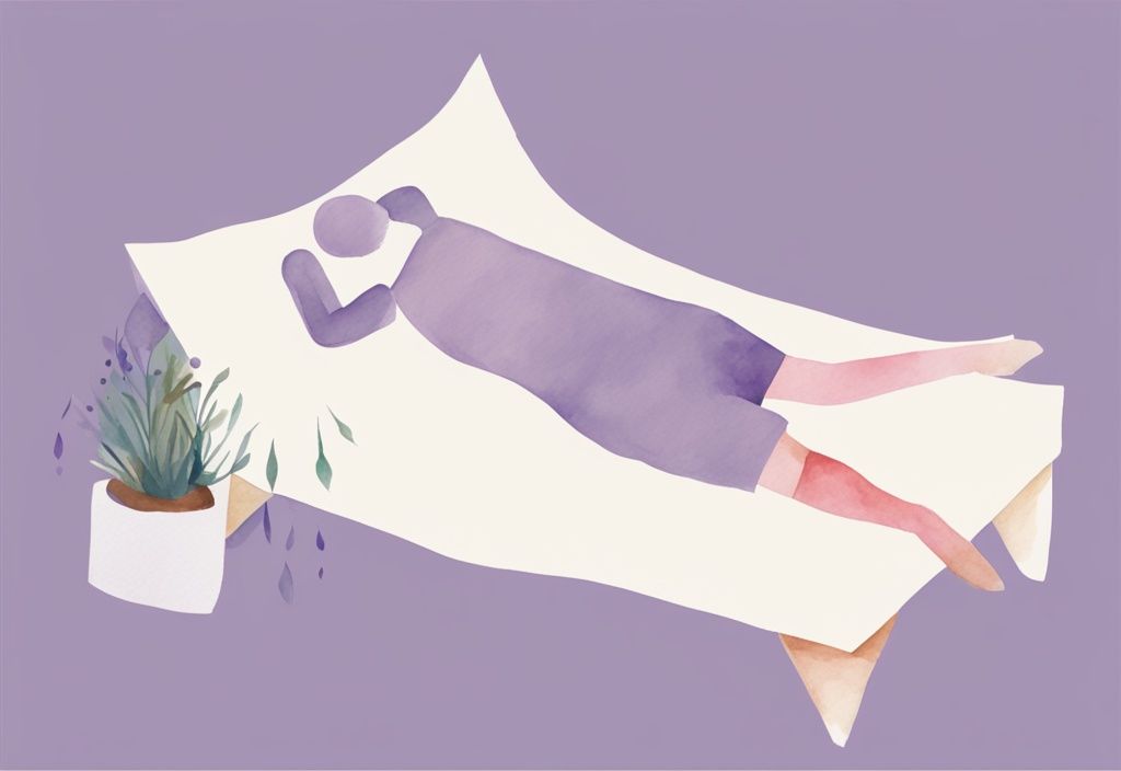 Illustrazione minimalista ad acquerello di una persona con clavicola rotta che dorme comodamente sulla schiena con cuscini di supporto, tema colore lavanda.