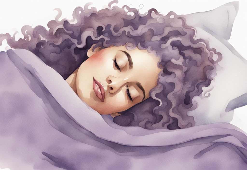 Illustrazione minimalista ad acquerello di una donna con capelli ricci che dorme con un berretto di seta, dimostrando come dormire con i capelli ricci.