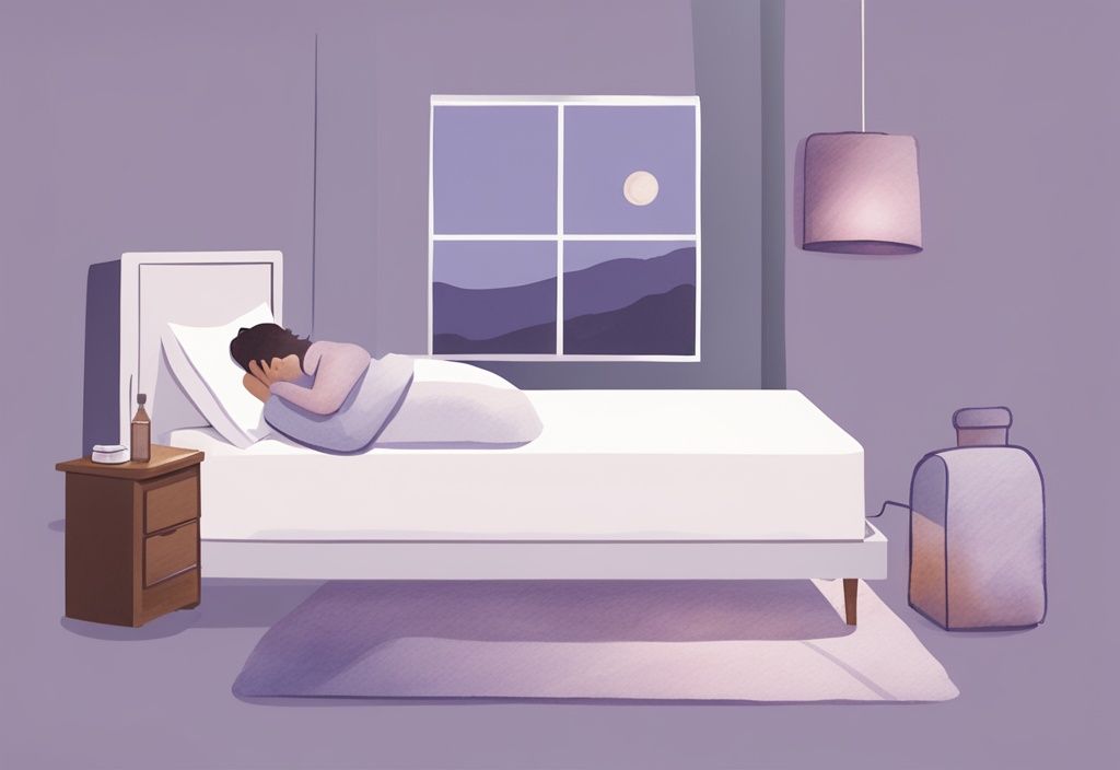 Illustrazione minimalista ad acquerello di una persona che dorme serenamente in un letto con luce soffusa, diversi cuscini, un umidificatore, una scatola di fazzoletti e medicine per la tosse sul comodino, tema principale lavanda, come dormire con la tosse.