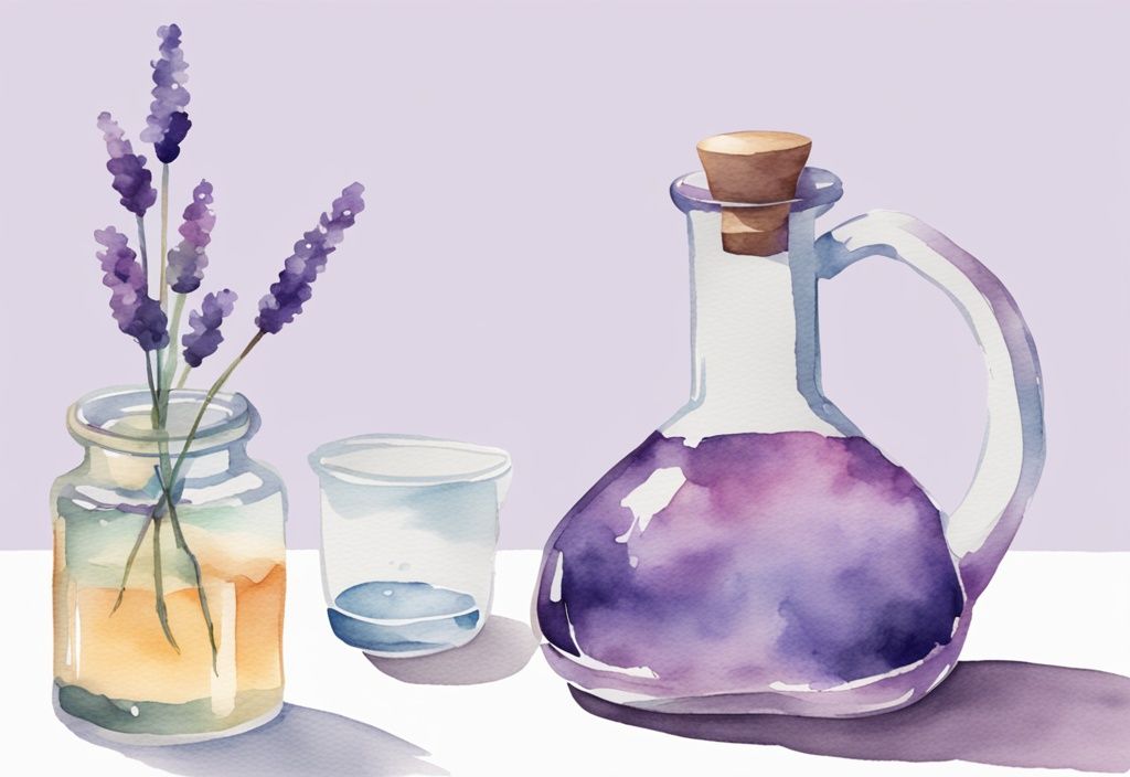 Illustrazione minimalista ad acquerello con tema lavanda, bottiglia di Rivotril con contagocce, bicchiere d'acqua e orologio che indica l'ora di dormire, quante gocce di rivotril per dormire.