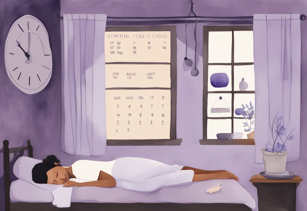 Illustrazione minimalista ad acquerello di una donna rilassata che dorme in una stanza accogliente e poco illuminata, con un calendario che mostra il ciclo lunare appeso al muro.