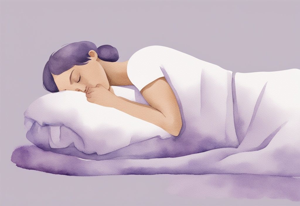 Illustrazione minimalista ad acquerello di una persona che dorme su un fianco con un cuscino cervicale che sostiene collo e colonna vertebrale, tema colore lavanda.