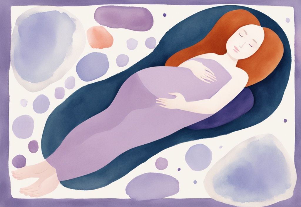 Illustrazione minimalista ad acquerello di una donna incinta che dorme con cuscini di supporto e sovrapposizione uterina che mostra il distacco amniocoriale, tema colore lavanda