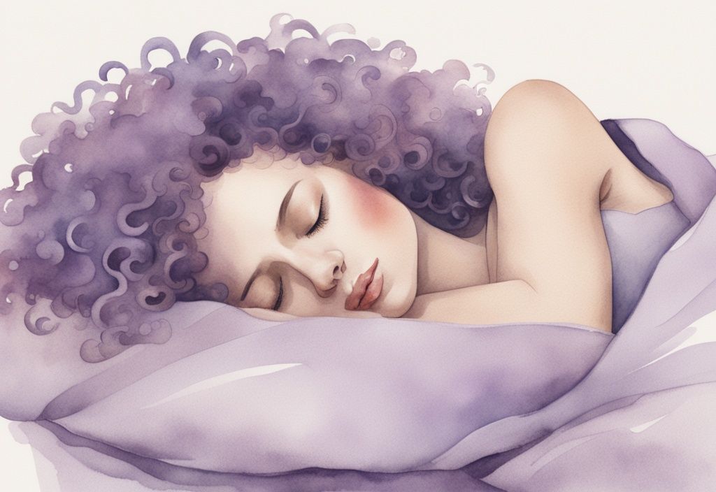 Illustrazione minimalista ad acquerello di una donna con capelli ricci che dorme serenamente, indossando un cappello da notte in seta, colori lavanda.