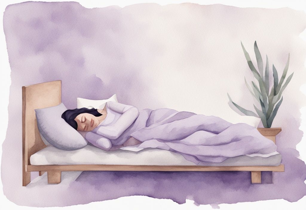 Illustrazione minimalista ad acquerello con tema lavanda, persona con frattura costole come dormire, torso bendato dorme serenamente su più cuscini.