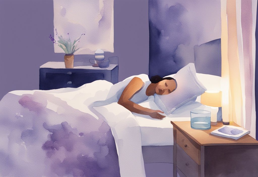 Illustrazione minimalista ad acquerello con tema lavanda, persona a letto con cuscini rialzati, umidificatore sullo sfondo, bicchiere d'acqua e medicina per la tosse sul comodino.