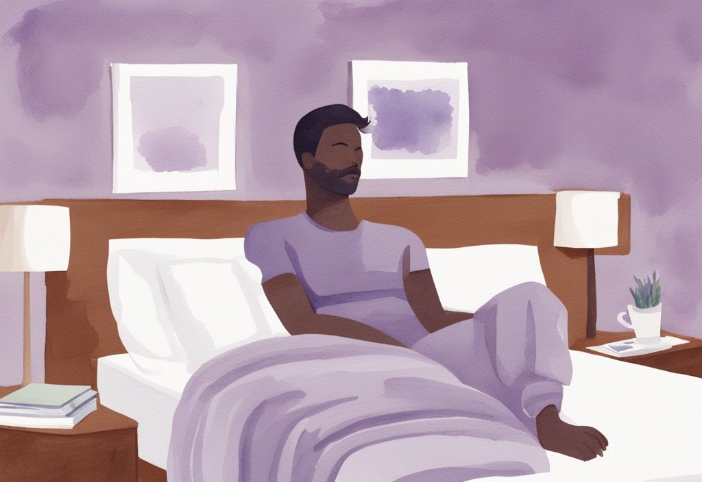 Illustrazione minimalista ad acquerello di un uomo che dorme pacificamente in un letto confortevole, con un paio di boxer sul comodino vicino, tema colore lavanda.