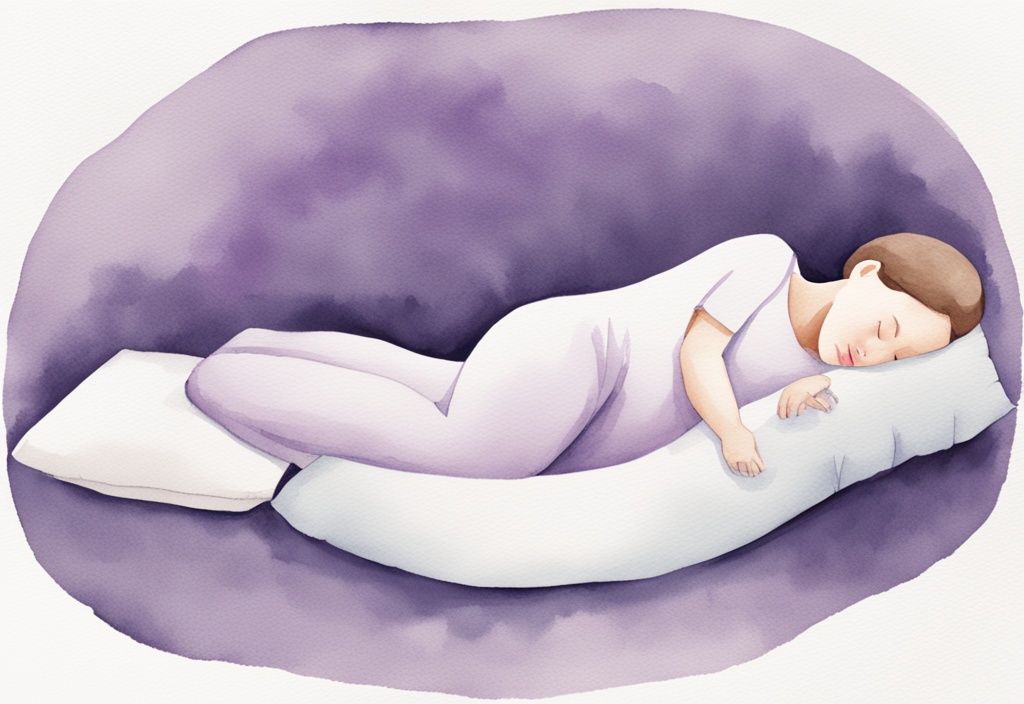 Illustrazione minimalista ad acquerello di una futura mamma in gravidanza che dorme su un fianco con un cuscino di supporto sotto la pancia, evidenziando la migliore posizione per dormire con placenta anteriore, tema colore lavanda.