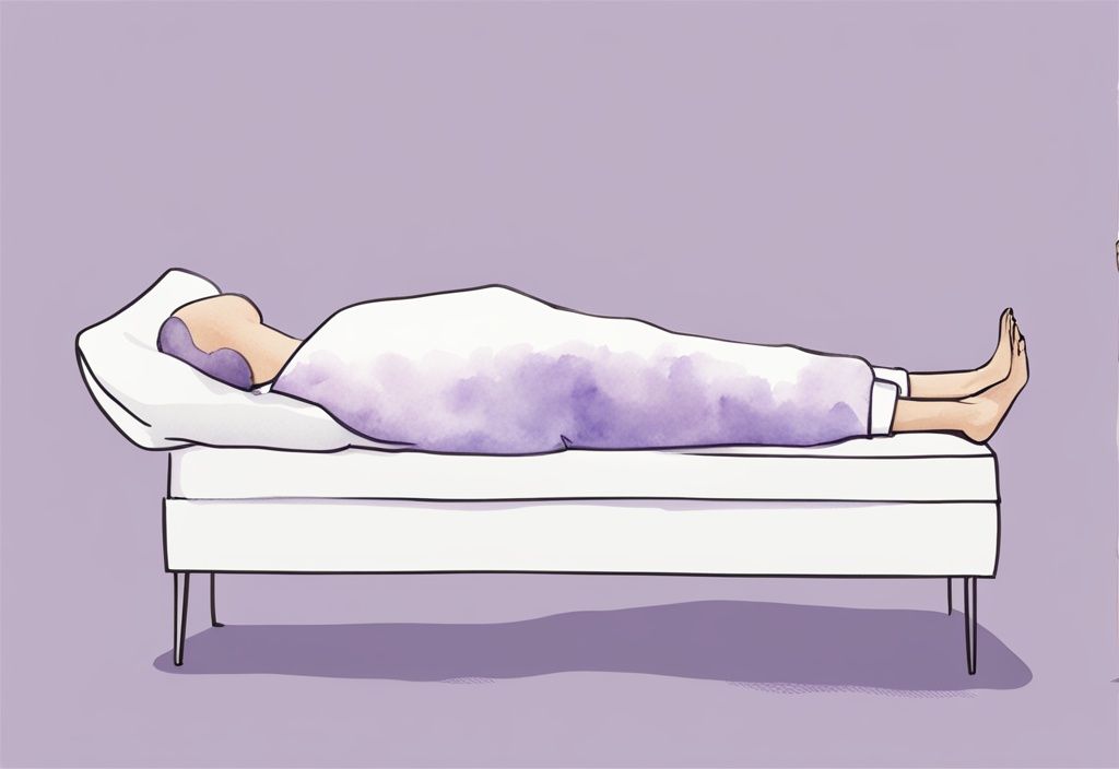 Illustrazione minimalista ad acquerello con tema lavanda che mostra una persona sdraiata di lato con la gamba superiore supportata da un cuscino, dimostrando la posizione ottimale per dormire in caso di frattura coccige come dormire.