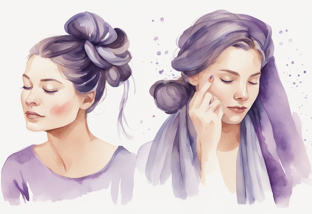 Illustrazione minimalista ad acquerello di una donna che lega i capelli in uno chignon o una sciarpa di seta prima di dormire, tema colore lavanda