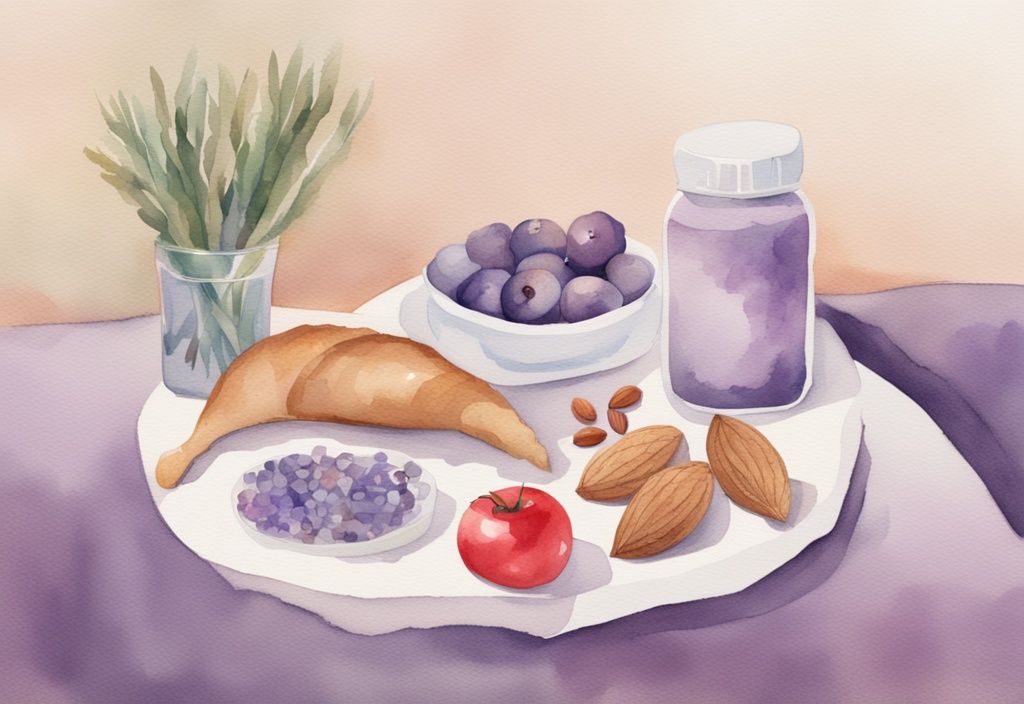 Illustrazione minimalista ad acquerello con tema lavanda, raffigurante cibi sani come noci, ciliegie, yogurt e tacchino su un comodino sotto una luce calda, simbolo di alimenti da consumare prima di dormire.