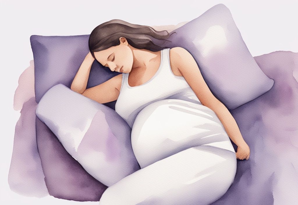 Illustrazione minimalista ad acquerello di una donna incinta che dorme comodamente sul fianco sinistro con cuscini per la gravidanza, distacco amniocoriale come dormire.