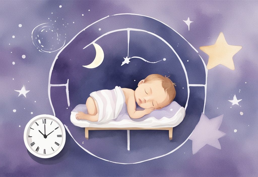 Illustrazione minimalista ad acquerello di un neonato che dorme avvolto in una coperta, circondato da luna e stelle, con un orologio infografico che mostra le ore di sonno, quanto deve dormire un neonato.