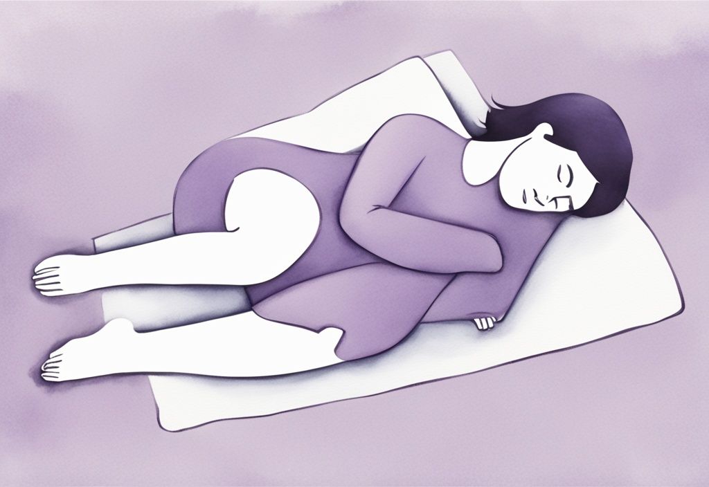 Illustrazione minimalista ad acquerello di una persona che dorme su un fianco con un cuscino tra le ginocchia per alleviare l'infiammazione del piriforme, tema colore lavanda.