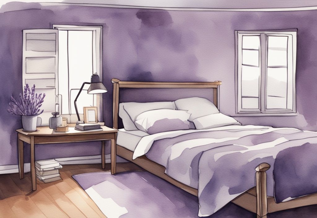 Illustrazione minimalista ad acquerello di una camera da letto tranquilla con tema lavanda, letto comodo con cuscini soffici e libro sul comodino, ideale per sapere come riuscire a dormire.