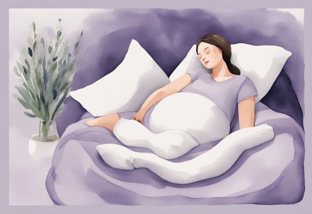 Illustrazione minimalista ad acquerello di una donna incinta in posizione comoda per dormire, circondata da cuscini per supporto e relax, tema colore lavanda, minaccia di aborto come dormire.