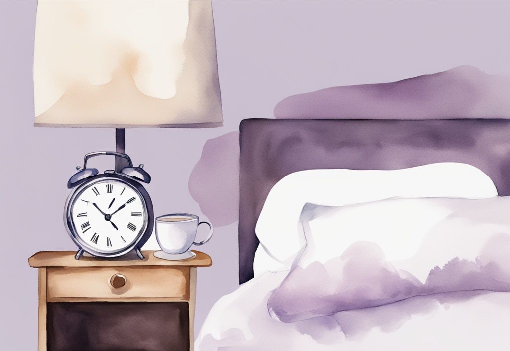 Illustrazione minimalista ad acquerello di una camera da letto serena con letto confortevole, maschera per dormire, bicchiere di latte caldo sul comodino e sveglia che segna la mattina presto, suggerendo un individuo ben riposato, tema colore lavanda.