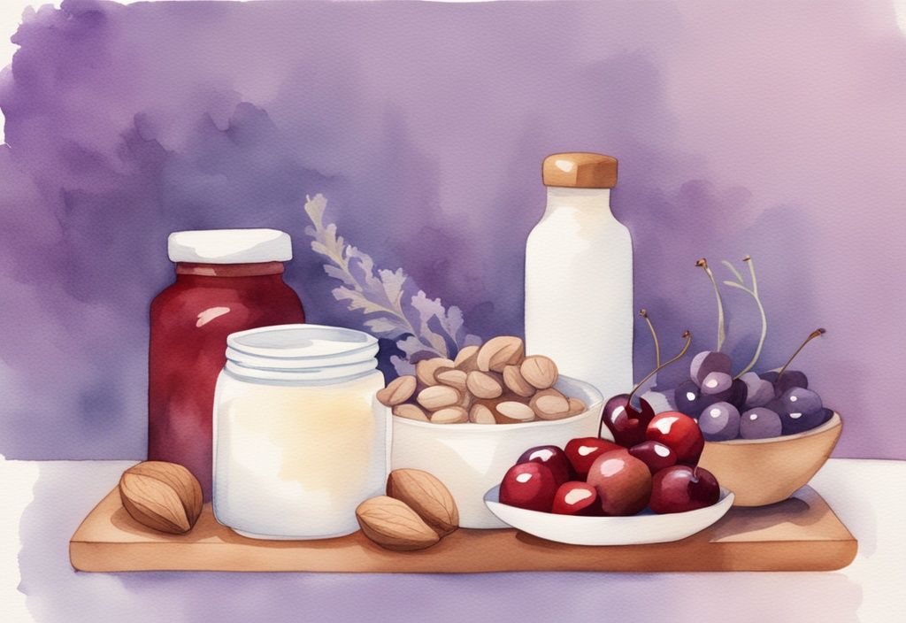 Illustrazione minimalista ad acquerello con cibi sani come noci, ciliegie, yogurt e tacchino su un comodino sotto una luce calda, ideale per il consumo prima di dormire