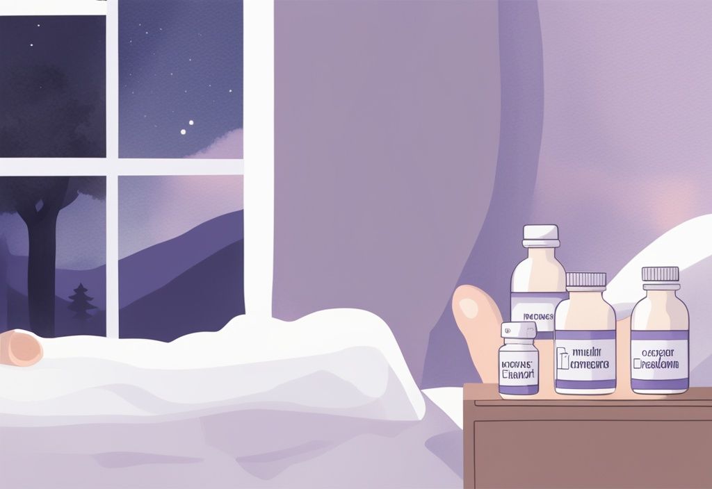 Illustrazione minimalista ad acquerello di una mano che tiene una bottiglia di integratori di melatonina con etichetta delle dosi, ambientata in una camera da letto notturna e tranquilla, tema colore lavanda.