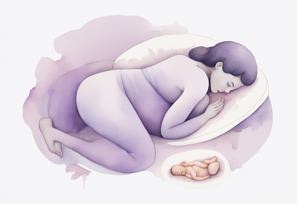 Illustrazione acquerello minimalista di una donna incinta che dorme sul lato sinistro con un cuscino tra le ginocchia e un diagramma del bambino nel grembo con la placenta evidenziata, placenta come dormire in gravidanza.