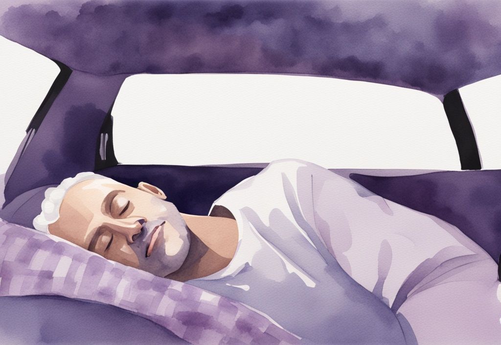 Illustrazione minimalista ad acquerello di un uomo che si rilassa sul sedile posteriore di un'auto, con un cuscino, una coperta leggera e una maschera per dormire, tema colore lavanda.