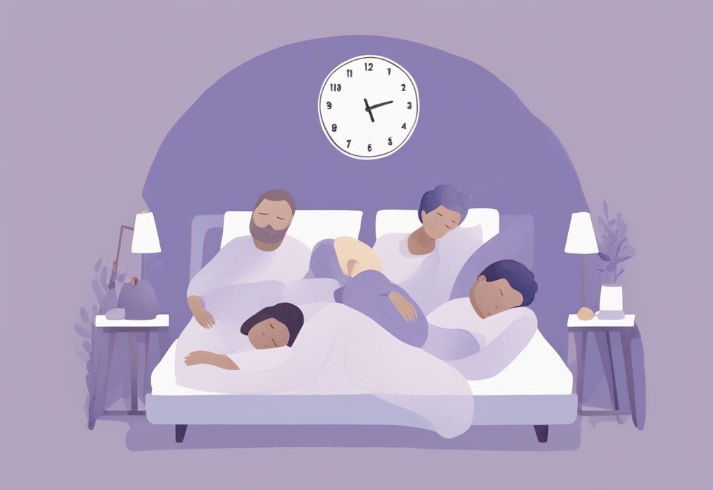 Illustrazione minimalista ad acquerello con tema lavanda, orologio digitale che mostra diverse durate del sonno accanto a un gruppo eterogeneo di persone in varie posizioni di sonno.