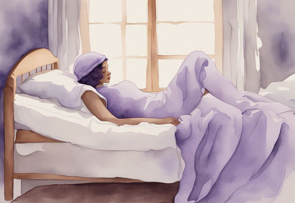 Illustrazione minimalista ad acquerello di una donna con capelli ricci che dorme serenamente, indossando una cuffia da notte in seta, tema colore lavanda.