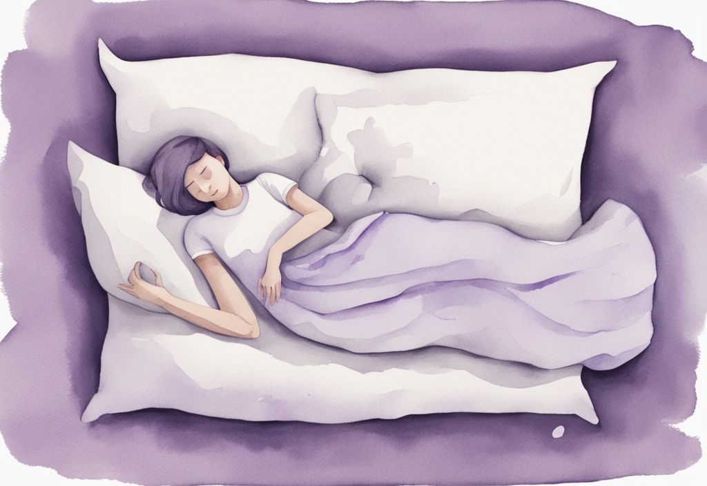 Illustrazione minimalista ad acquerello di una persona con clavicola rotta che dorme sulla schiena con cuscini di supporto, tema colore lavanda.