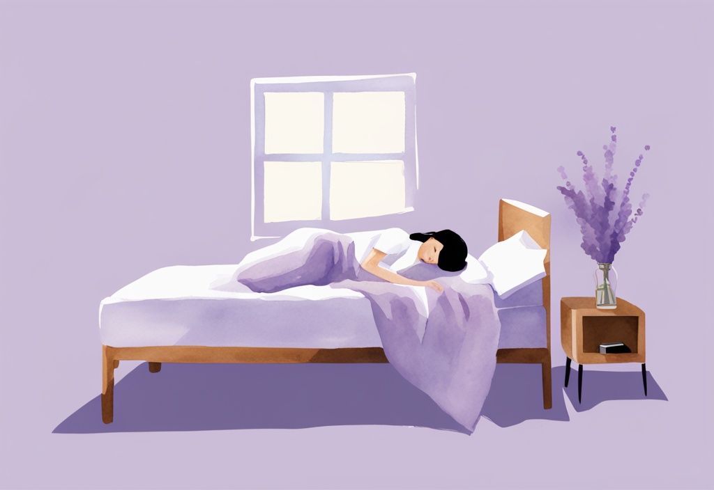 Illustrazione minimalista ad acquerello con tema lavanda che mostra una persona comodamente rannicchiata nel letto con una sveglia digitale sul comodino che segna '2:00', rappresentando come dormire in 2 minuti.